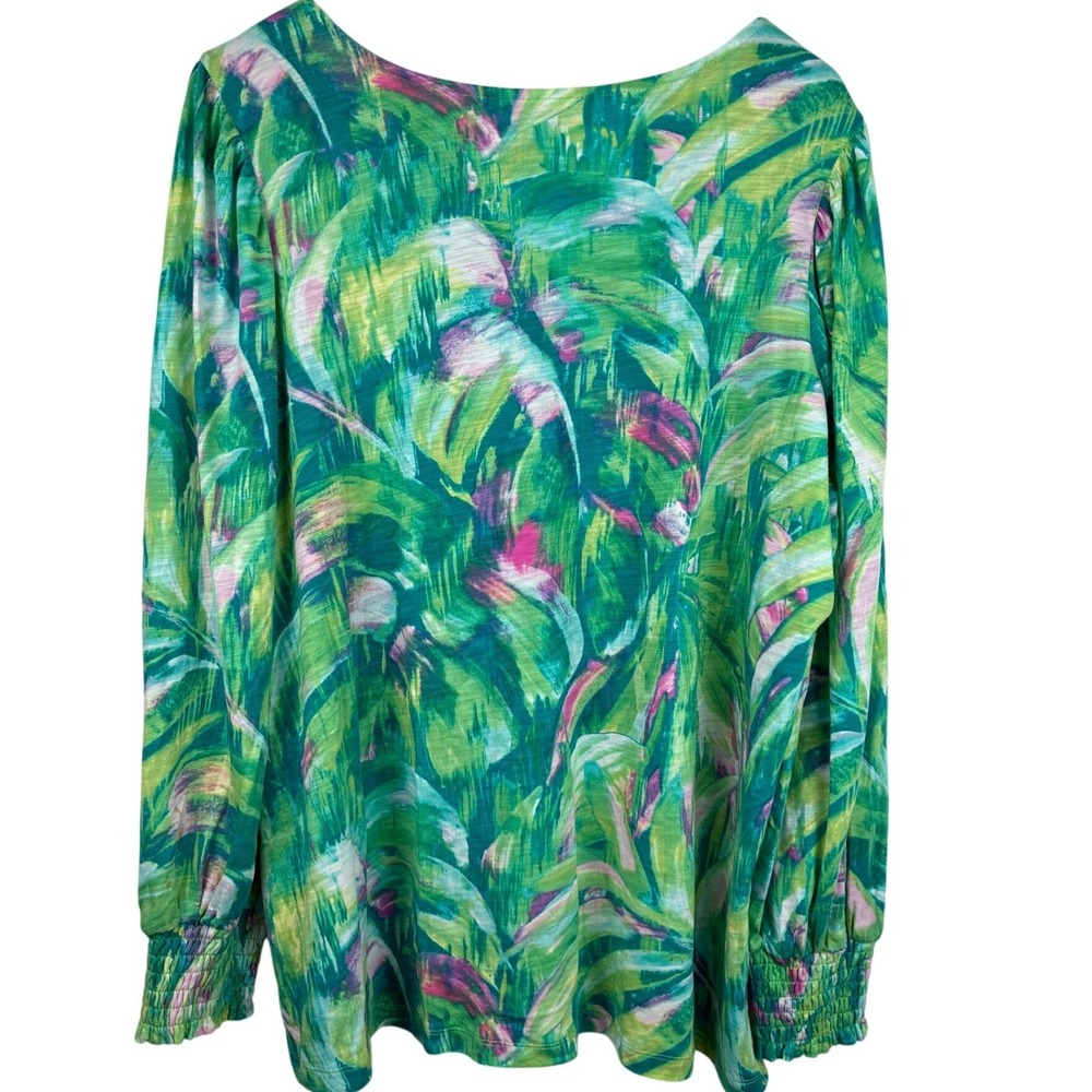 Belle by Kim Gravel 1X Tropical Palm Print Modal Cotton V-Neck Smocked Cuff Top - Picture 3 of 11